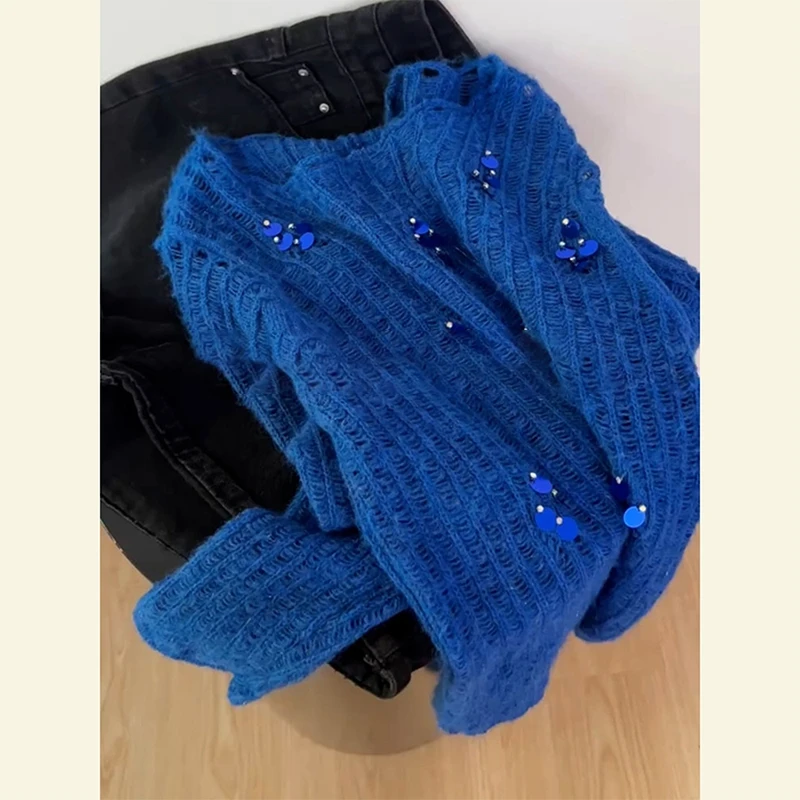 韩系慵懒风松弛感针织衫高级感超好看减龄蓝色针织镂空毛衣女秋季