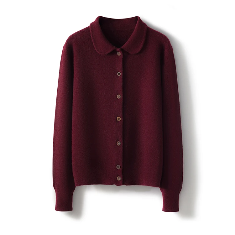 纯山羊绒碎玉针开衫加密外套针织长袖翻领女士百搭纯色打底红色