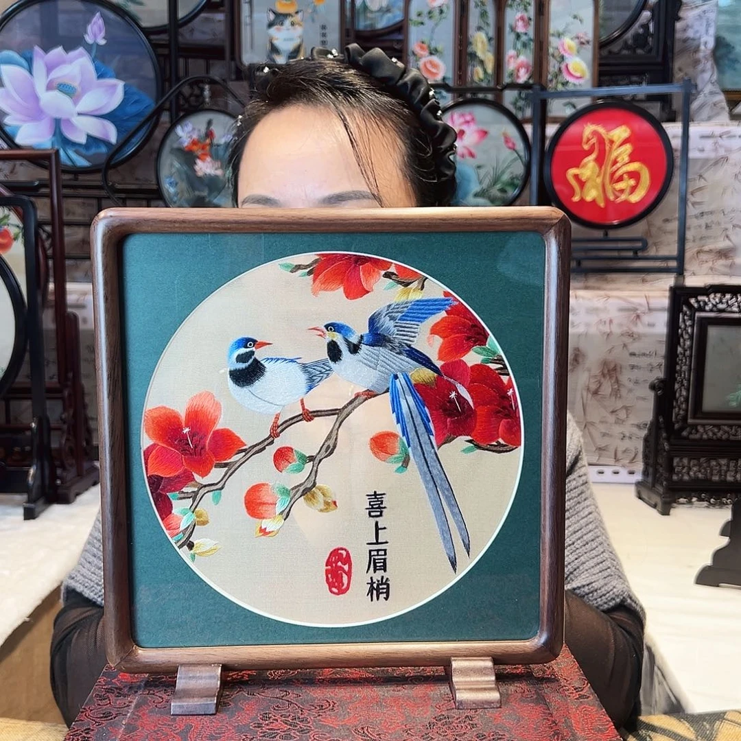 织绣苏绣摆台胡桃木手工双面精工