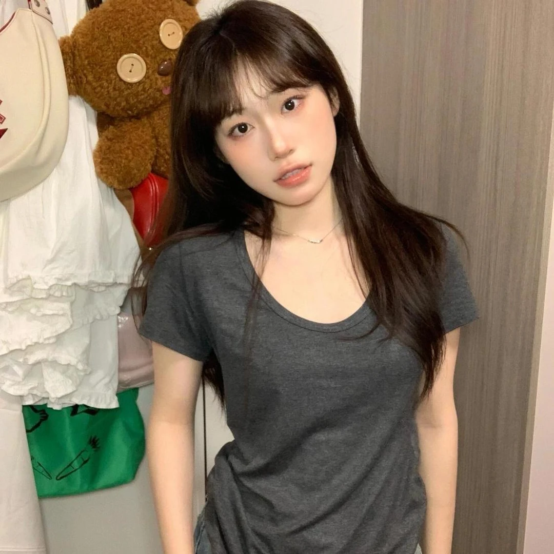 纯欲U领棉质正肩短袖T恤女夏季新款收腰修身显瘦低领辣妹打底上衣