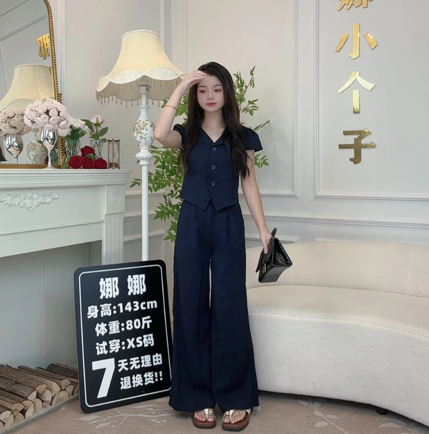 【2娜娜小个子】140cm翻领西装棉麻长裤纯色通勤两件套079