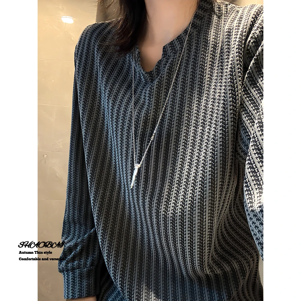 小香风千鸟格V领长袖t恤男款秋季cleanfit条纹打底衫情侣美式卫衣