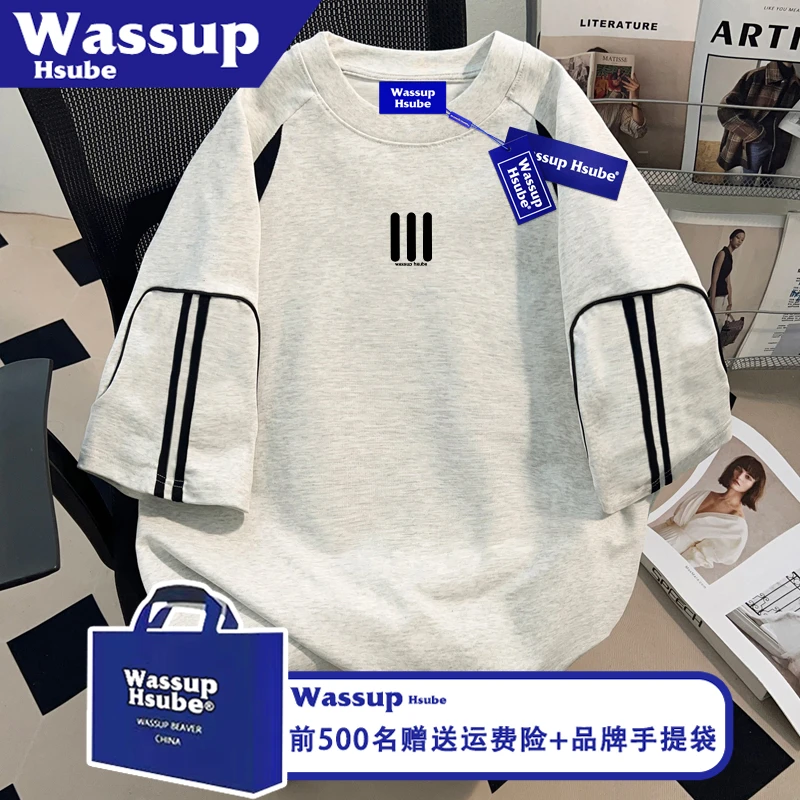 WASSUP HSUBE简约创意印花短袖ins男女拼接T恤夏季应季休闲感半袖