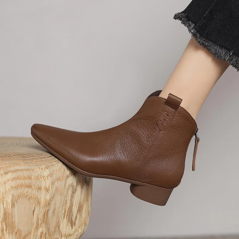 巨柔软~真皮低跟切尔西小短靴女2025新款秋冬加绒尖头粗跟及裸靴