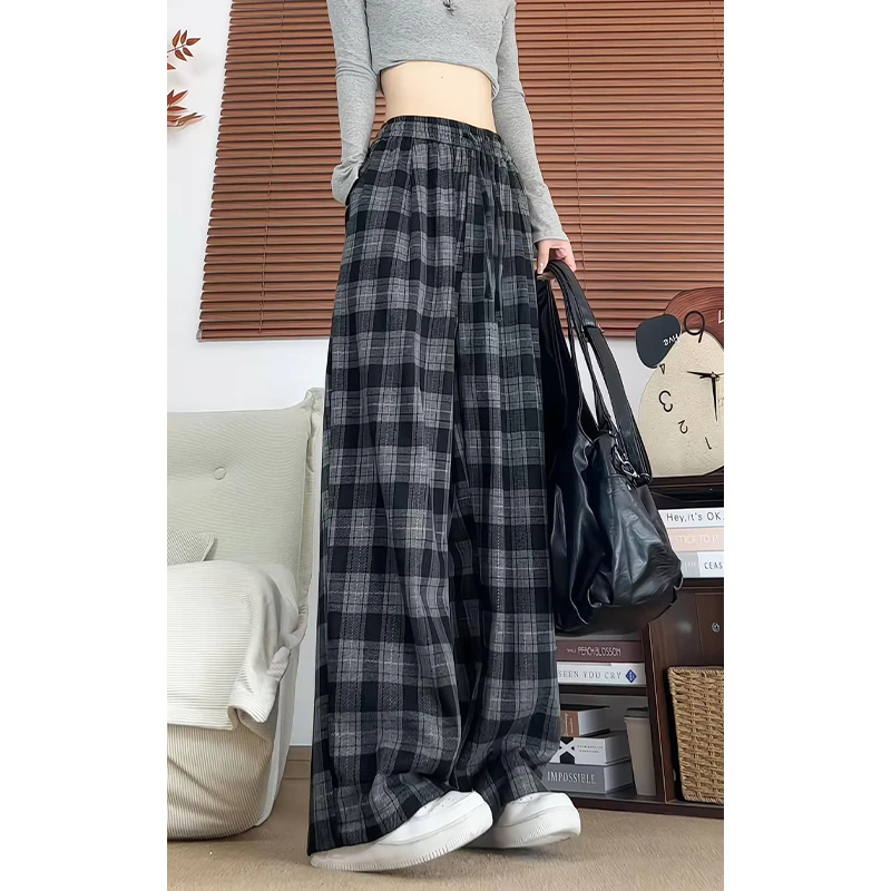 港味复古棋盘格纹阔腿裤男女同款秋冬季慵懒风宽松休闲垂感格子裤