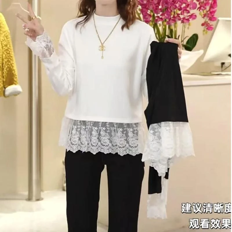 大码蕾丝拼接长袖T恤女2025早春新款胖mm宽松显瘦加厚打底衫上衣