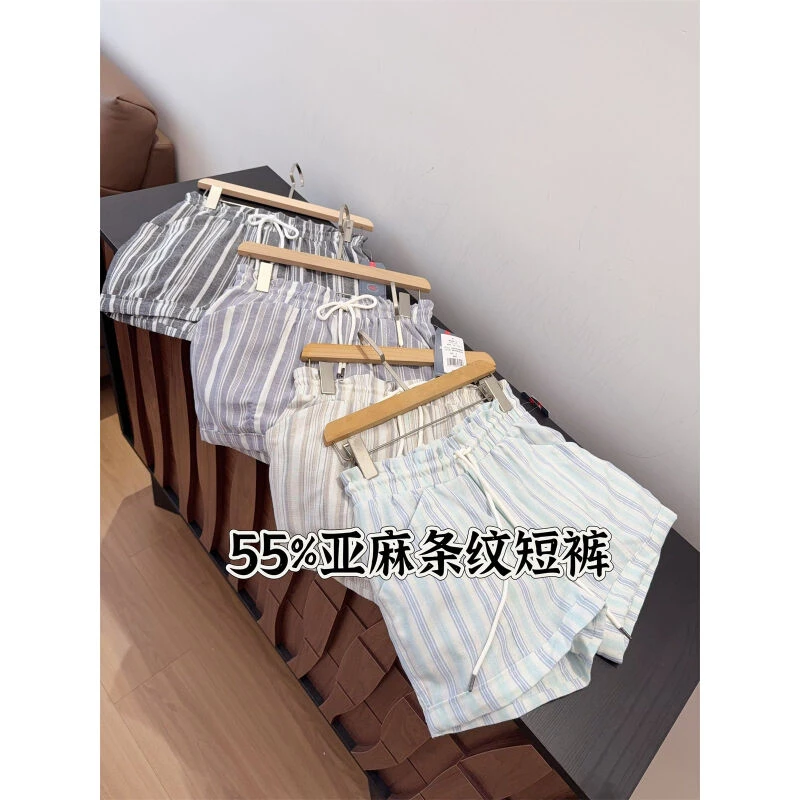 55%亚麻！！条纹卷边亚麻短裤女