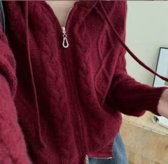 重磅欧货粗针加厚麻花针织开衫女宽松慵懒连帽外套潮8206