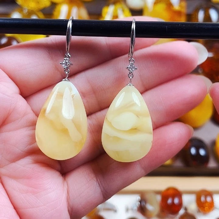 琥珀银S925镶嵌裸石耳环