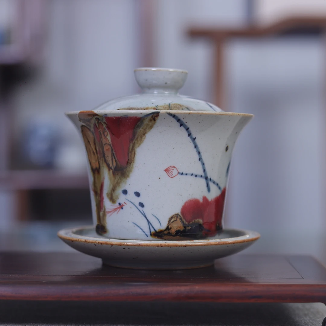 亦紫陶粗陶手绘盖碗三才杯茶碗釉里红荷花窑变功夫茶具马蹄仿古