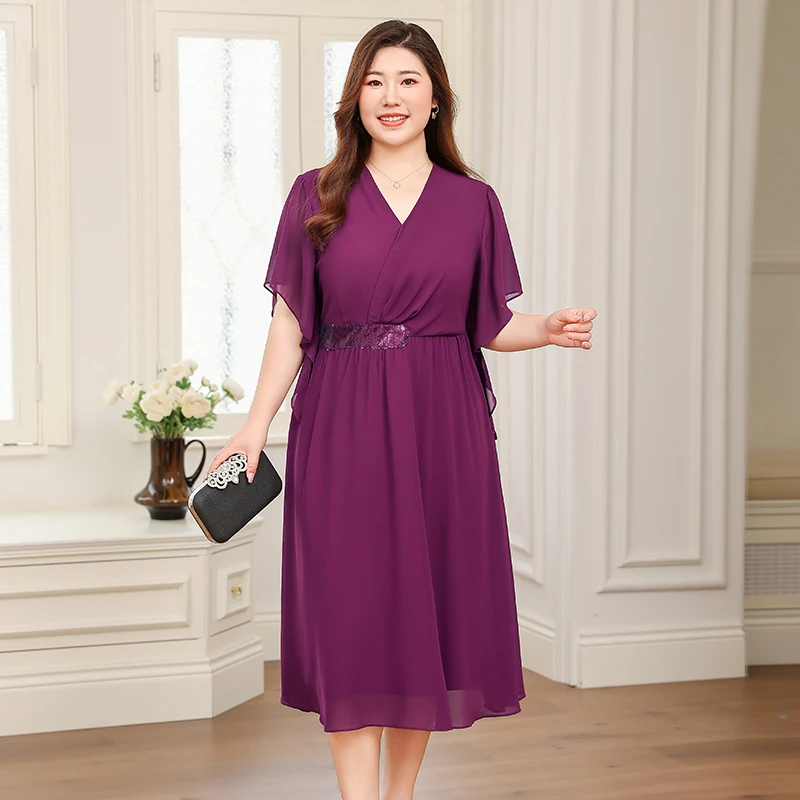 贵夫人V领连衣裙纯色裙子薄款夏季中长款显瘦大码通勤侧拉链长裙