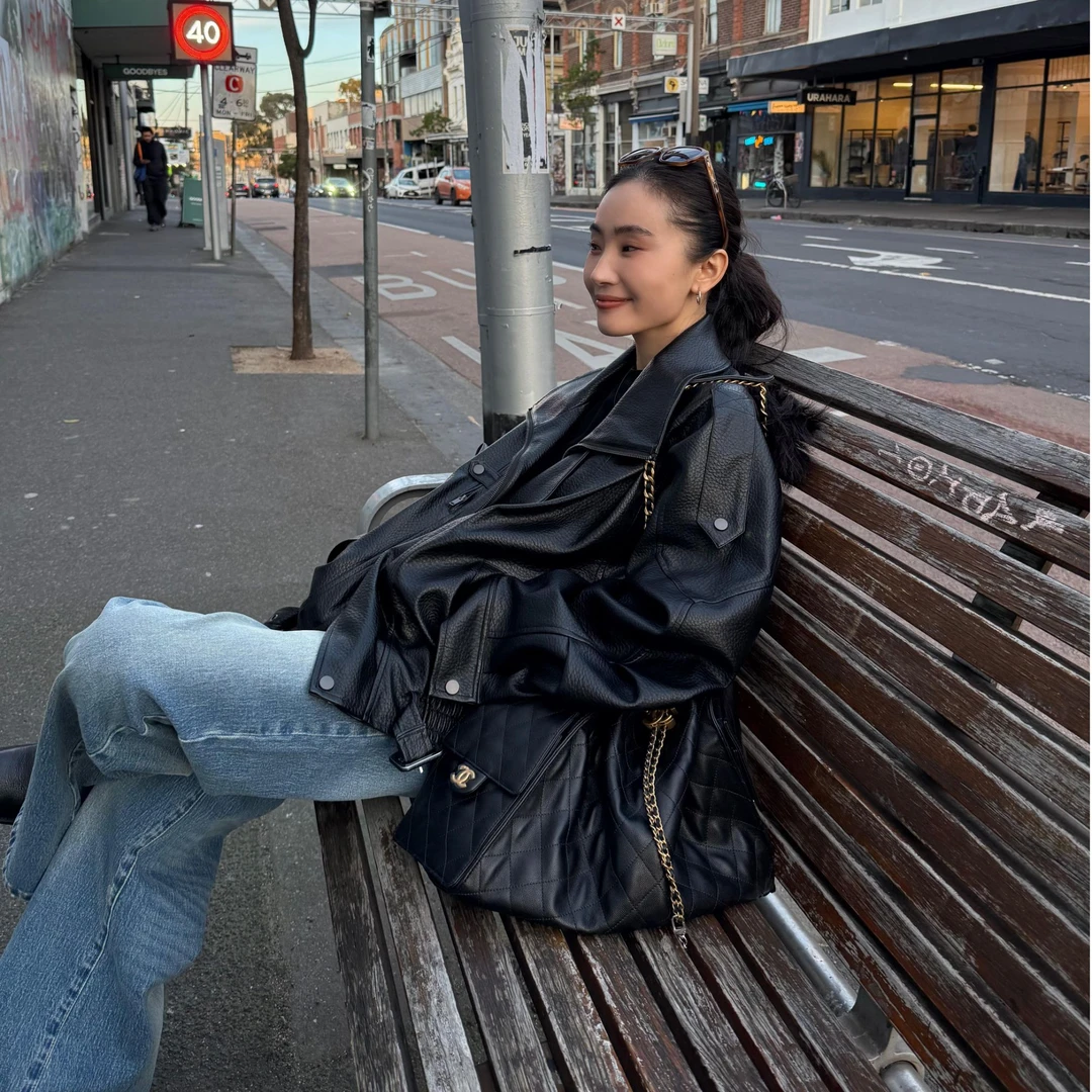 逸语IN choose u笑笑家2025秋季质感宽松廓形皮衣外套机车服85698