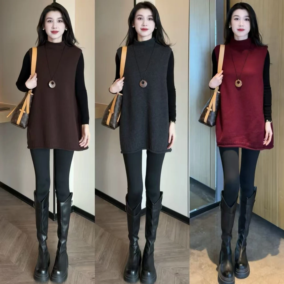 2025年加厚立领无袖针织上衣+打底衫+打底裤三件套