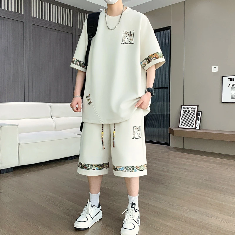 男士学生薄款现货新款夏季套装时尚港风t恤短裤两件套美式男装夏