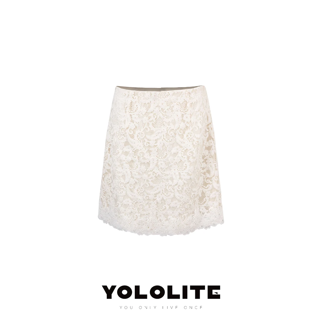 YOLOLITE【白茶初夏】2703美式小众设计感蕾丝裙包臀裙不走光半身裙