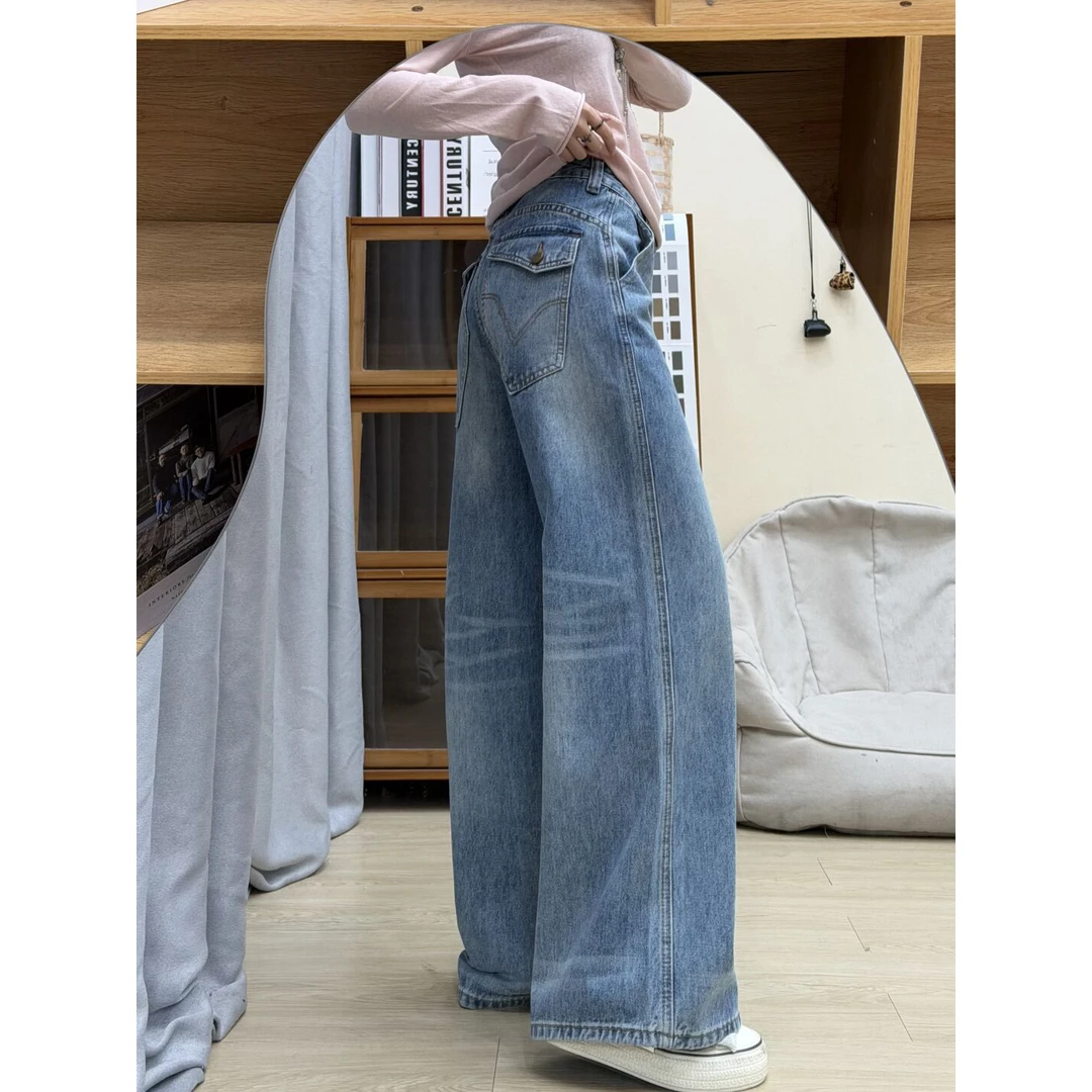 不规则翻盖刺绣口袋复古牛仔裤女秋冬新款美式做旧水洗宽松直筒裤