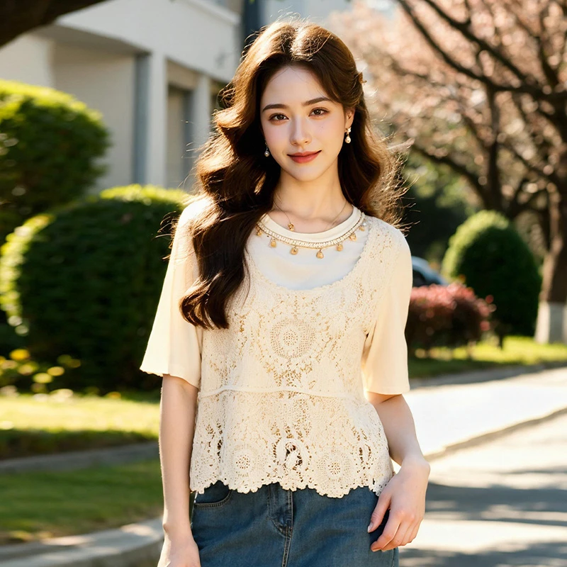 奢姿大码女装2025夏季减龄饰品镂空设计时尚两件套胖妹妹上衣套装