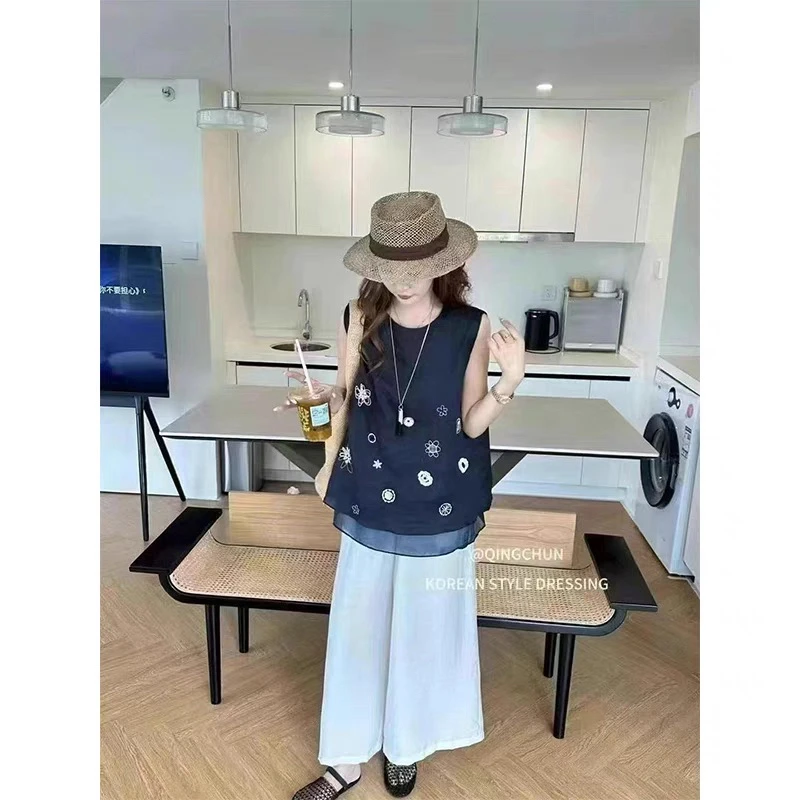 25夏季新款韩版气质百搭圆领无袖背心时尚减龄上衣薄款刺绣