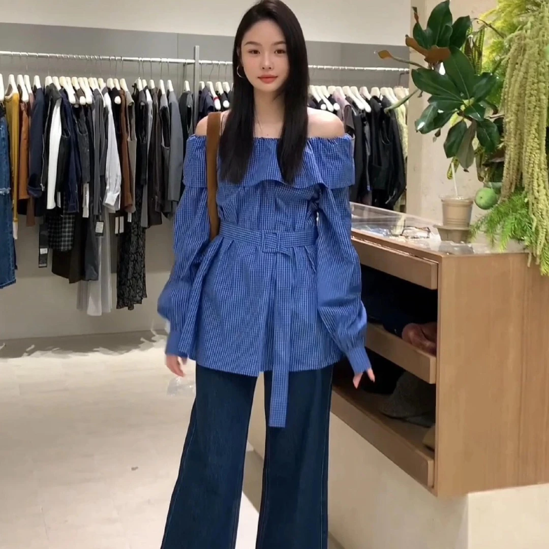 2025早秋新款法式复古风小众收腰长款荷叶边露肩蓝色格子衬衫女潮