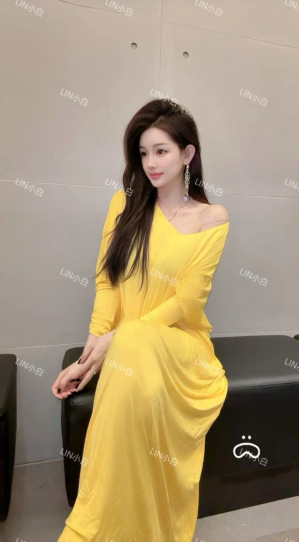 LIN小白“仲夏裙”黄色显白慵懒风防晒V领长袖连衣裙2652