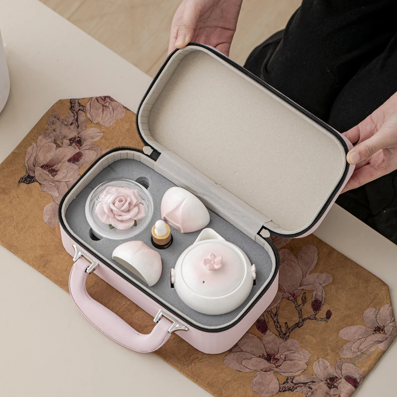 粉色捏花便携式茶具小套装户外旅游出差功夫茶杯便携收纳陶瓷伴手