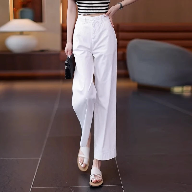 九分白色阔腿牛仔裤女夏季薄款2025新款休闲高腰宽松垂感直筒裤子