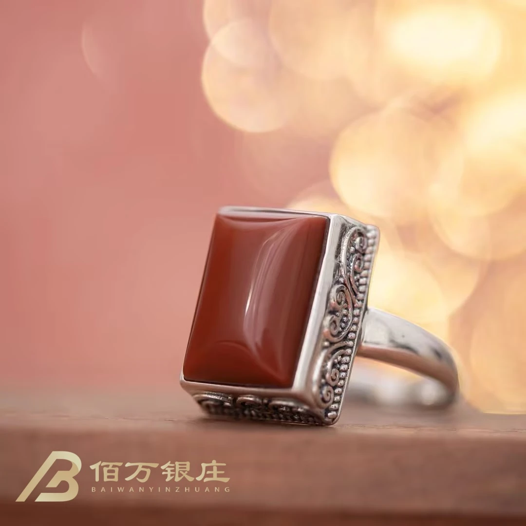 【佰万银庄】纯银925 方形南红开口可调节戒指银戒手工轻奢时尚大气