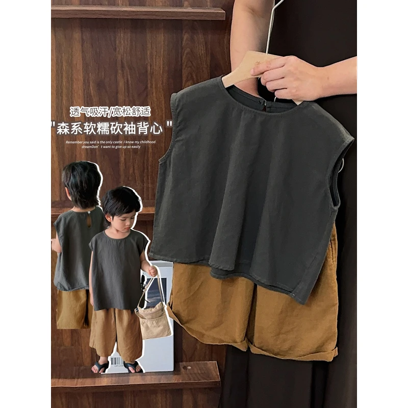 《夏上新》森系男女童圆领棉麻无袖T恤凉快透气中小童小衫25XL1118