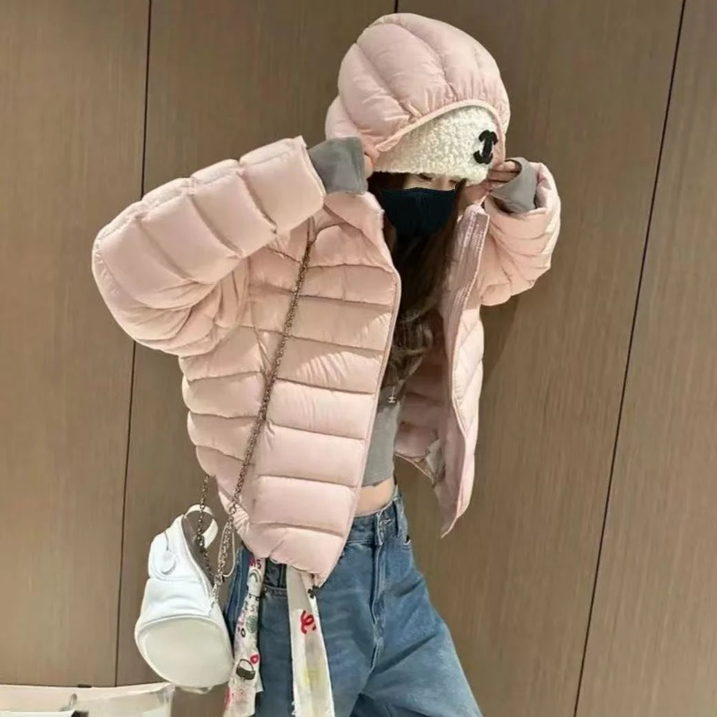 少量现货90鸭绒连帽常规款排骨拉链插肩袖长袖韩版立领宴会女士