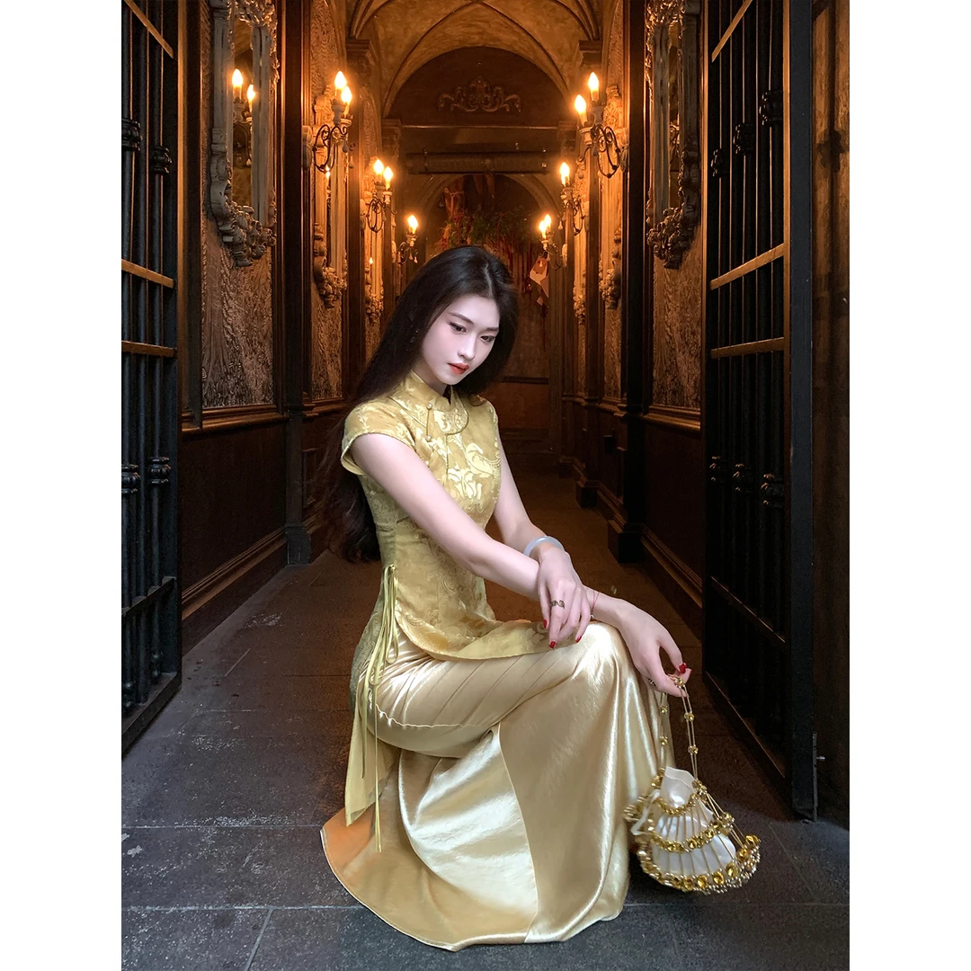 凌茜恣禾【耀云】国风新中式黄色暗纹提花上衣金色缎面半身裙套装