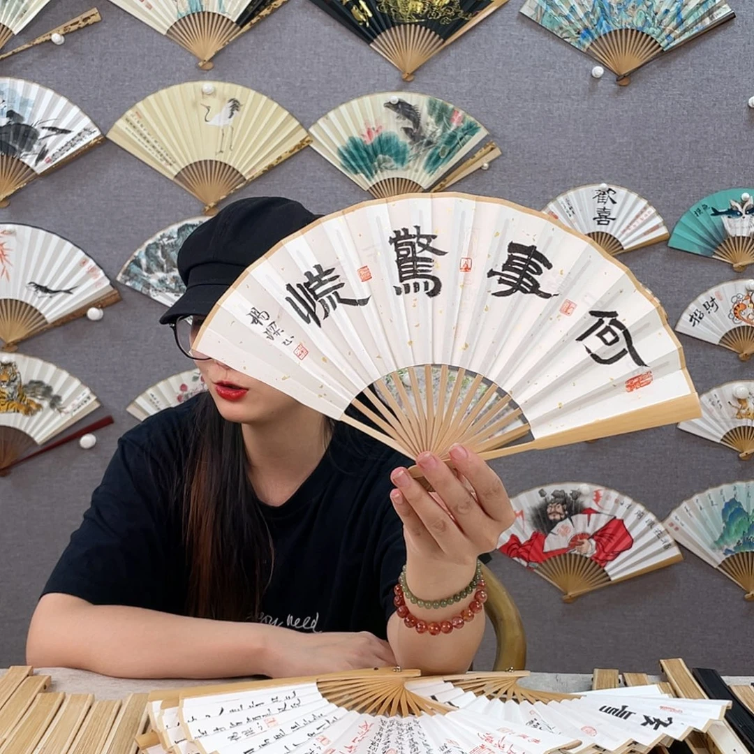 国画6寸玉竹-纯手绘-文玩扇骨（默认粘好）