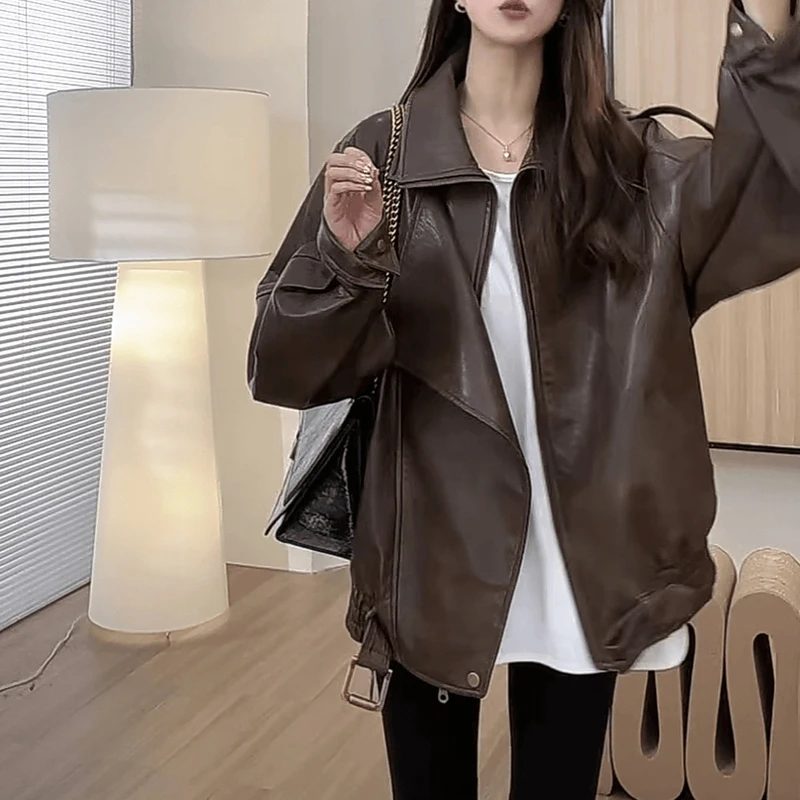 美式复古PU皮衣2024秋季新款街头高级感皮衣外套女宽松ins百搭