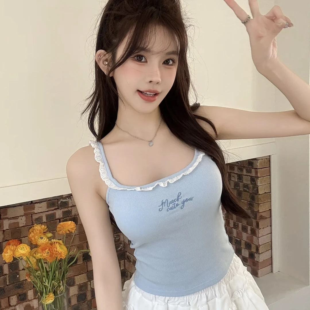 蕾丝花边外穿辣妹吊带背心无袖性感网红带胸垫短款显瘦打底内搭女