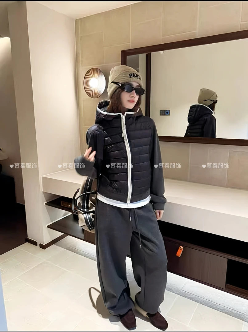 【老钱风“排骨泡芙”套装】设计感拼接连帽白鸭绒排骨羽绒服两件套装