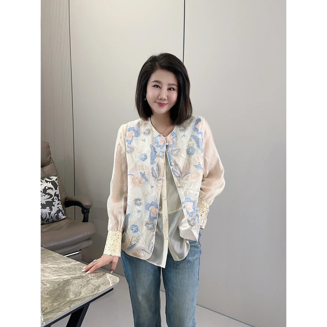 微胖女装【春日绘色】精致重工彩雕欧纱马甲春夏高级显瘦马夹20655