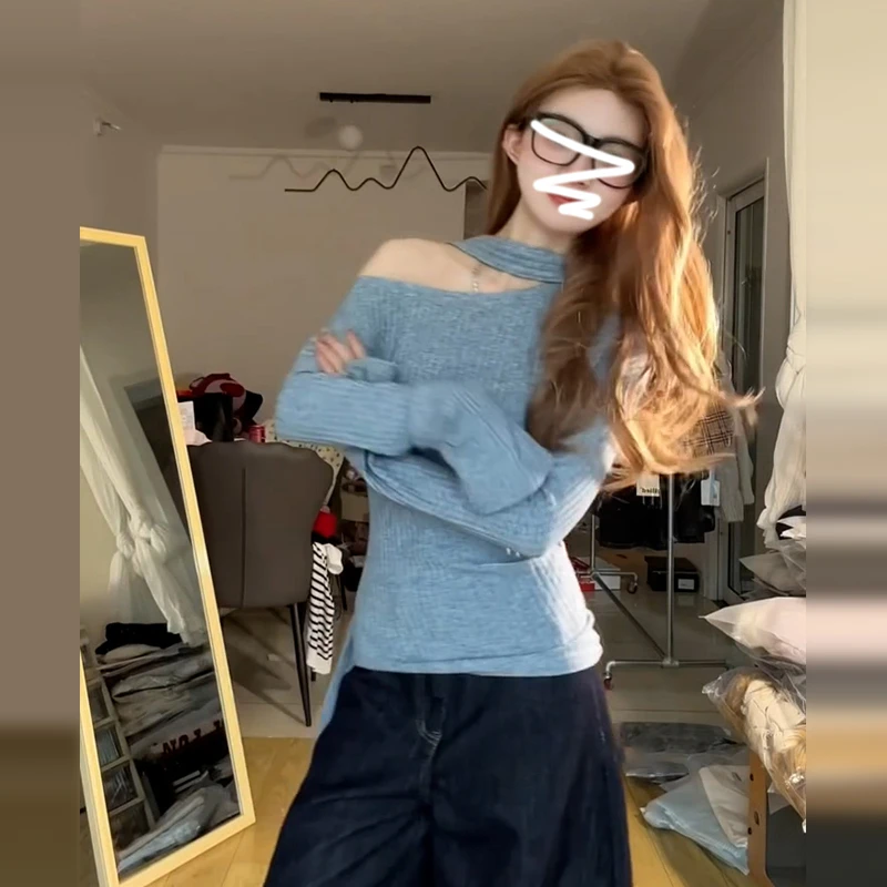 韩系飘带斜肩露肩上衣女秋装2025年新款设计感长袖针织t恤打底衫