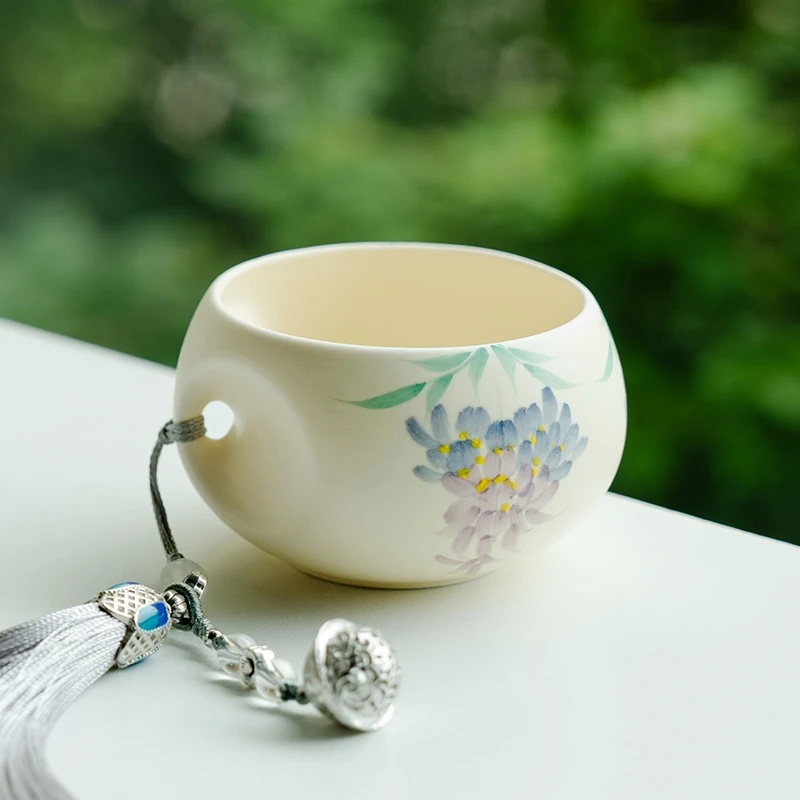 德白纯手绘紫藤花主人杯创意带挂件茶杯家用品茗杯陶瓷个人单杯子