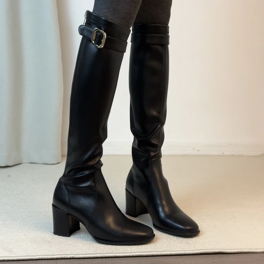 六也「超A气质」时髦粗高跟圆头扣带长筒过膝弹力瘦瘦长靴女L1179