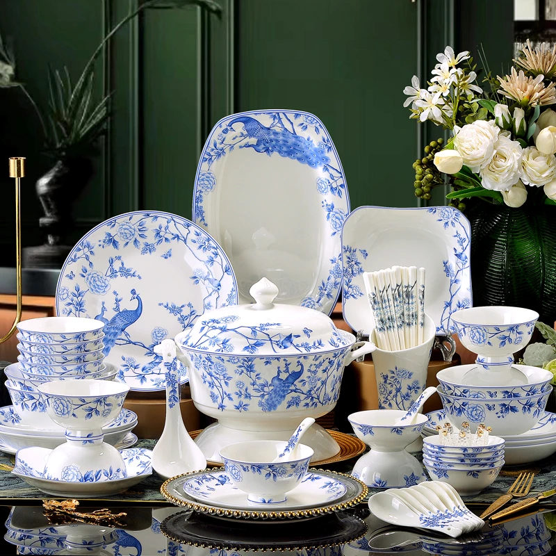 升级釉下彩86件鹊羽生辉豪华套装骨瓷餐具不挂油碗盘碟套装