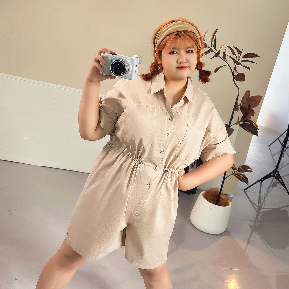 大码女装300斤胖MM时尚抽绳翻领短袖休闲显瘦松紧腰连体短裤62668