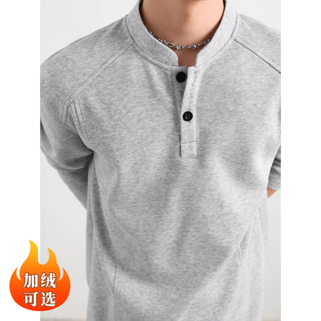 结构亨利领长袖T恤男秋冬宽松美式休闲老钱风打底衫内搭立领上衣