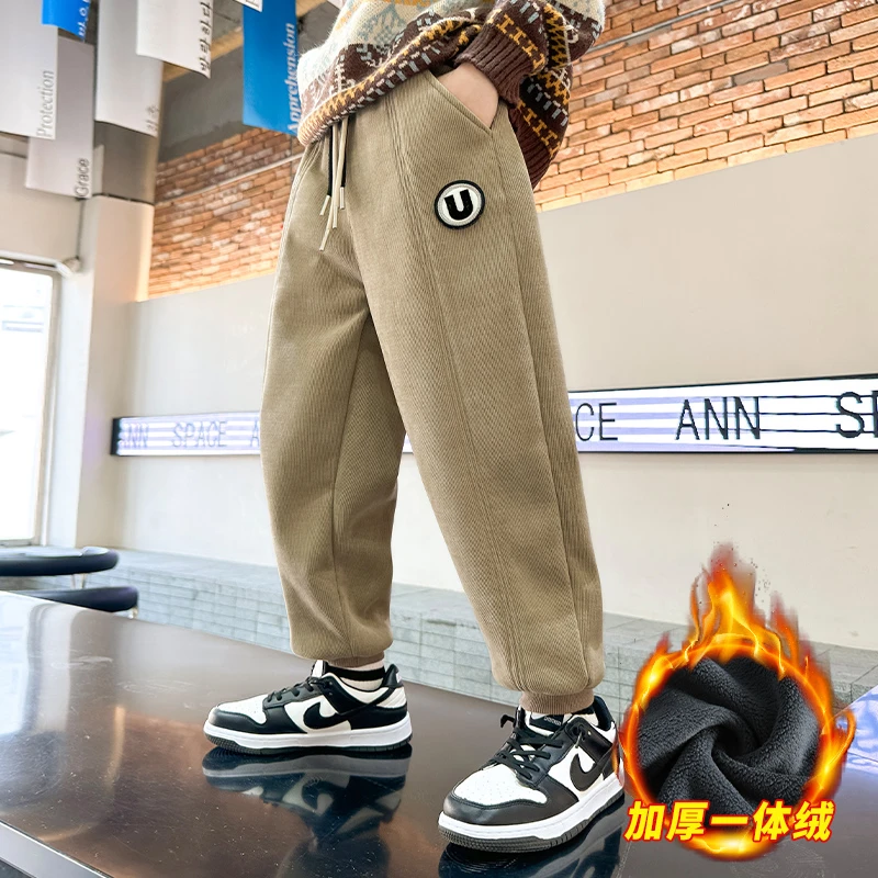儿童装男童一体加绒裤子秋冬款2025新款中大童冬季男孩加厚运动裤