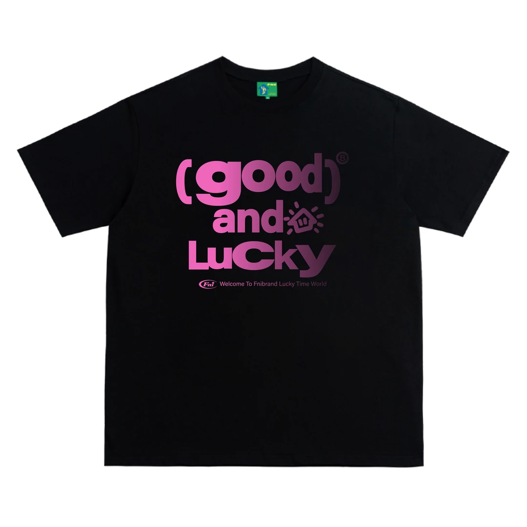 FNI国潮重磅纯棉（美好与幸运）男女同款t恤美式复古短袖24新款胶浆