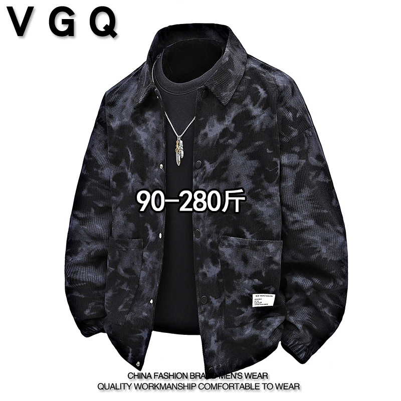VGQ男士水墨风灯芯绒夹克秋季加肥大码外套潮流复古百搭翻领上衣