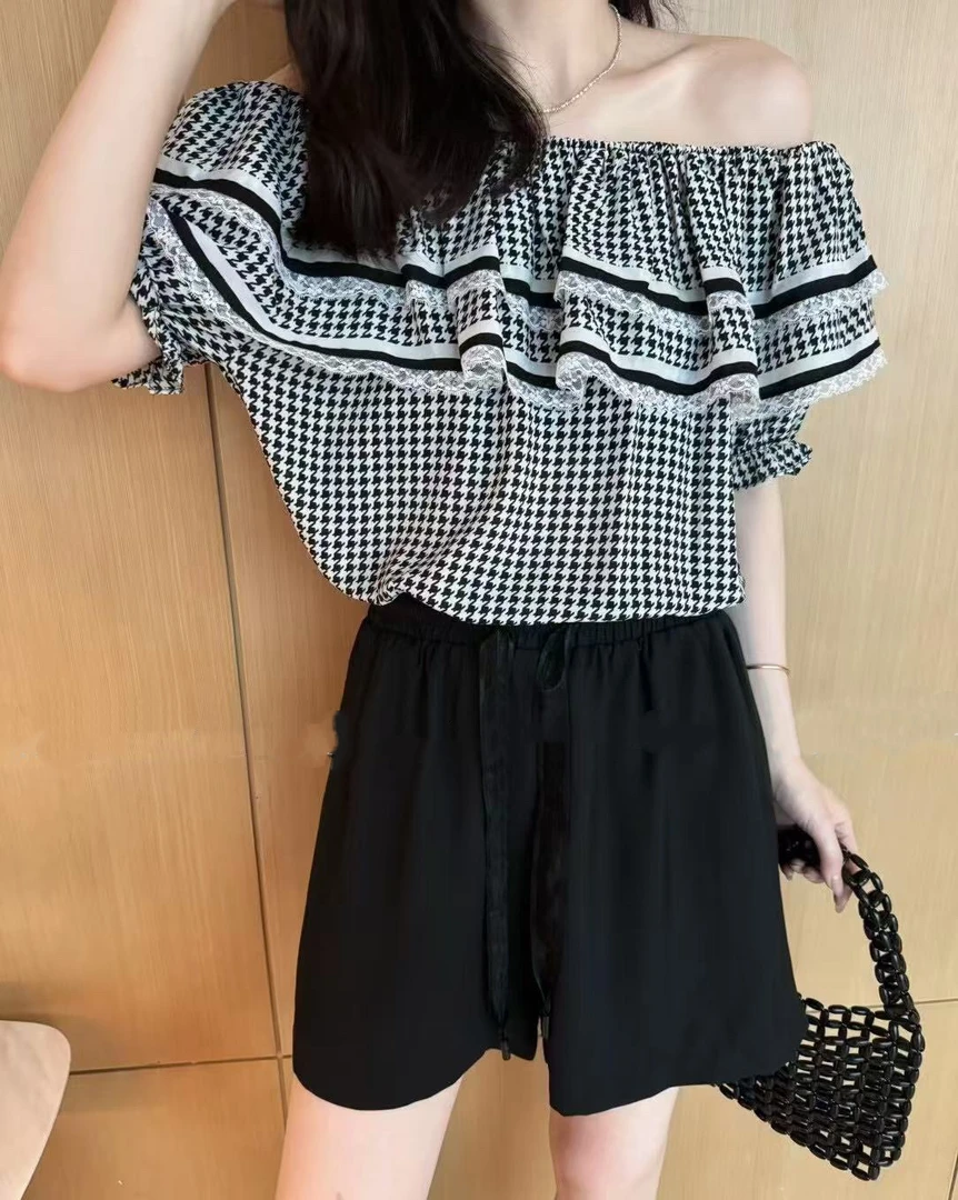 【BAI】复古荷叶边一字领小衫连体裤28135