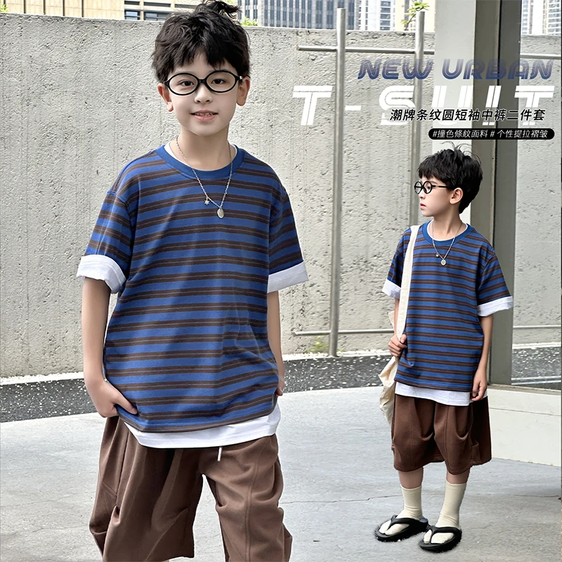 男童条纹短袖t恤夏季帅气男孩韩范中袖上衣2025新款中大儿童休闲T