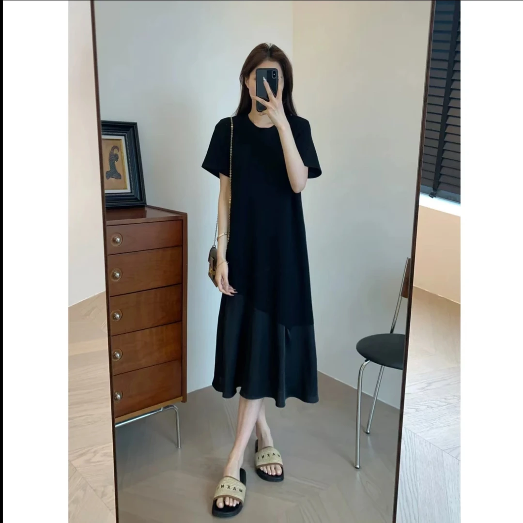 黑色正肩拼接连衣裙显瘦宽松中长款气质休闲裙子女装时尚减龄