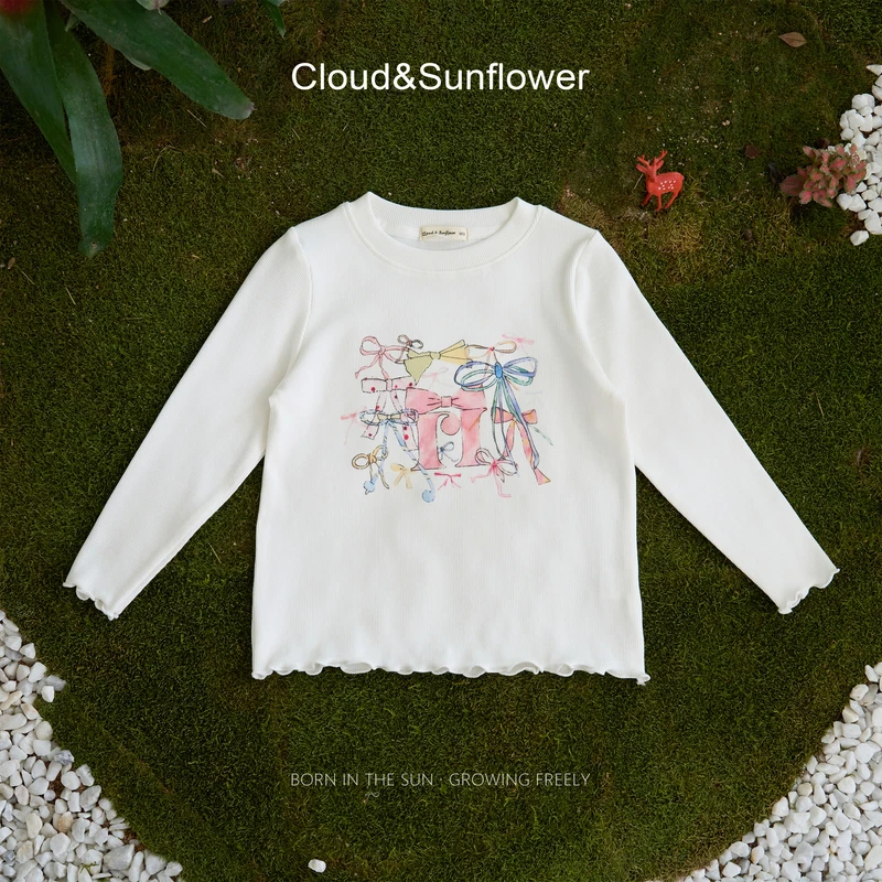 【云朵小葵】女童秋季新款洋气蝴蝶结印花休闲百搭上衣253700