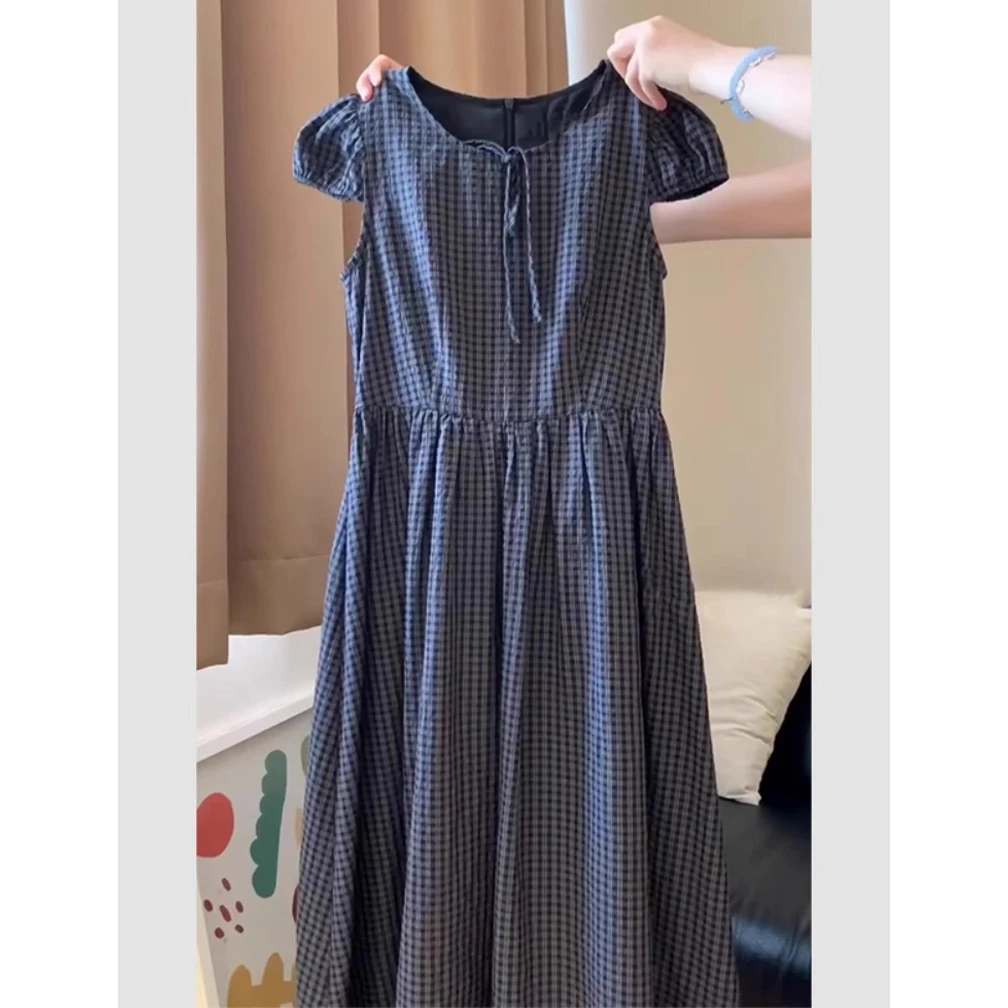 韩系复古超好看格纹收腰修身连衣裙小众不撞款长裙子2025夏季新款