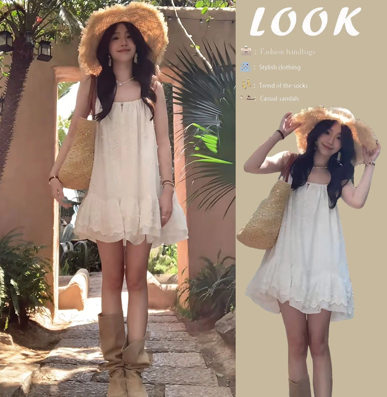 时尚穿搭女2025春季新款高级感度假风简约无袖镂空花边吊带连衣裙